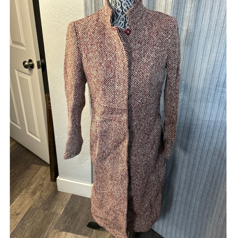J.Crew Tweed Boucle Long Tailored Coat Womens Small Burgundy Cream Fitted Winter
